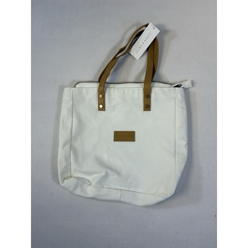 Cozy Earth White Canvas Tote Bag Tan Faux Leather Handles Zippered Large